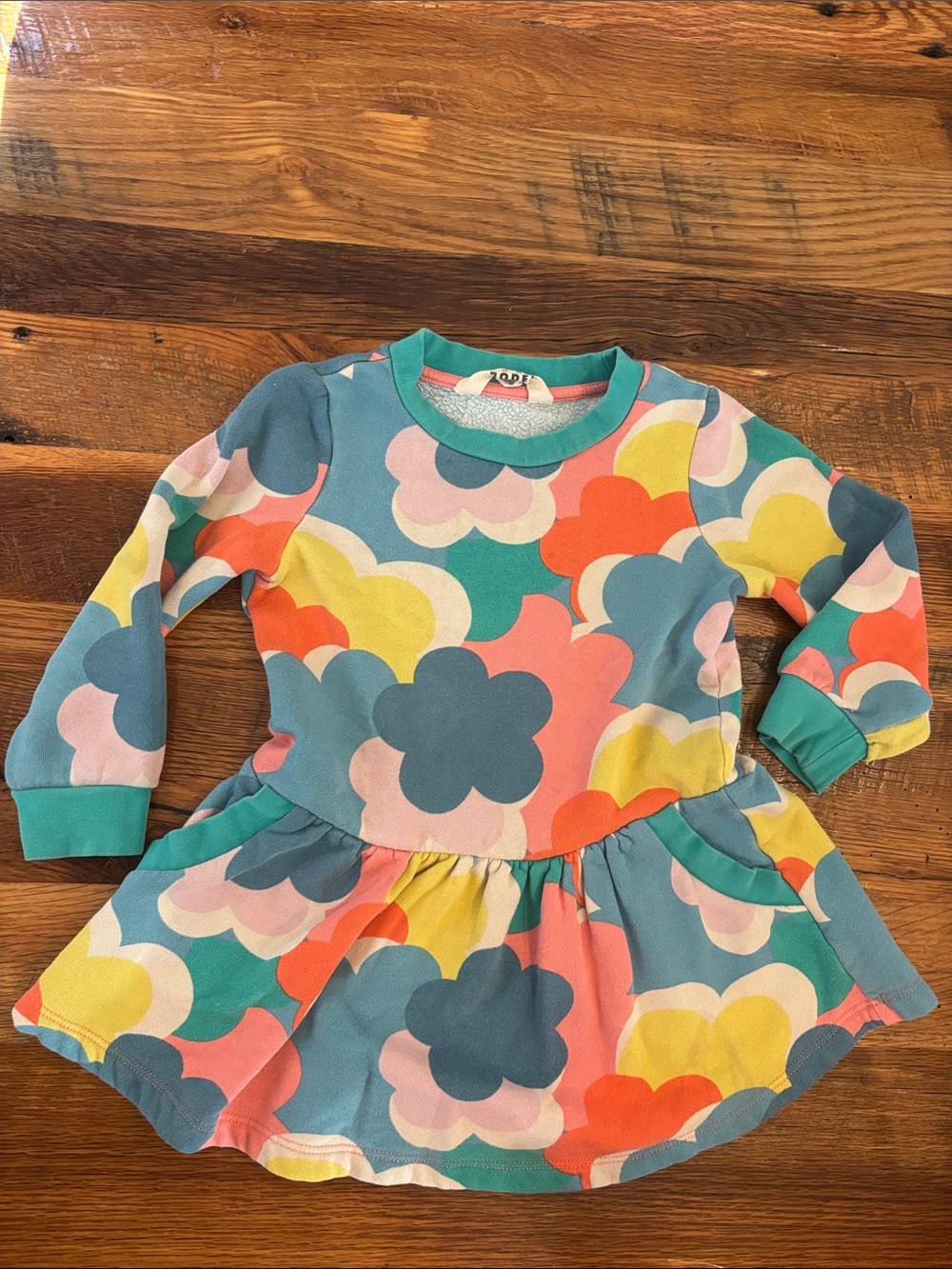 Mini Boden Multi-Color Floral Cloud Dress - Teal, Coral & Yellow 3-4Y